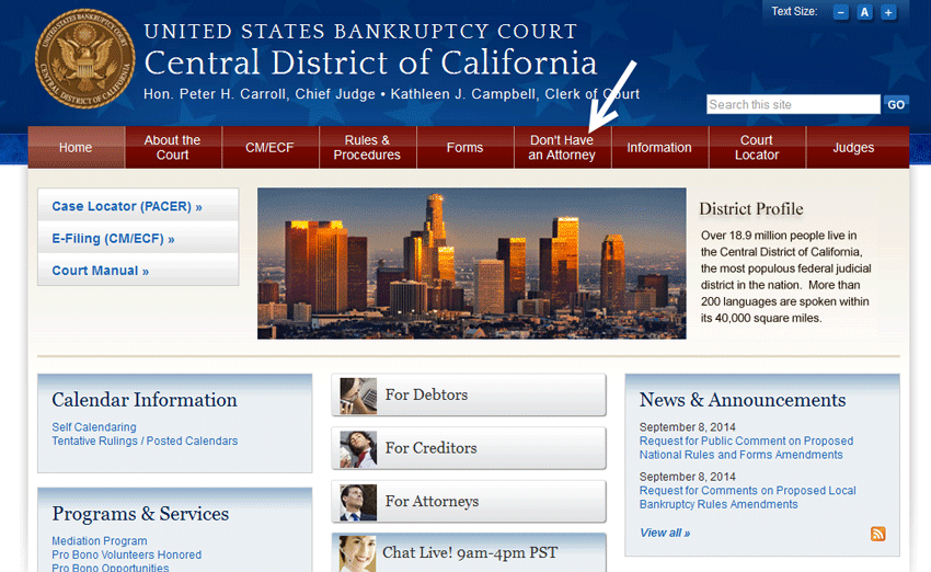 Don't Have an Attorney link on Court's website